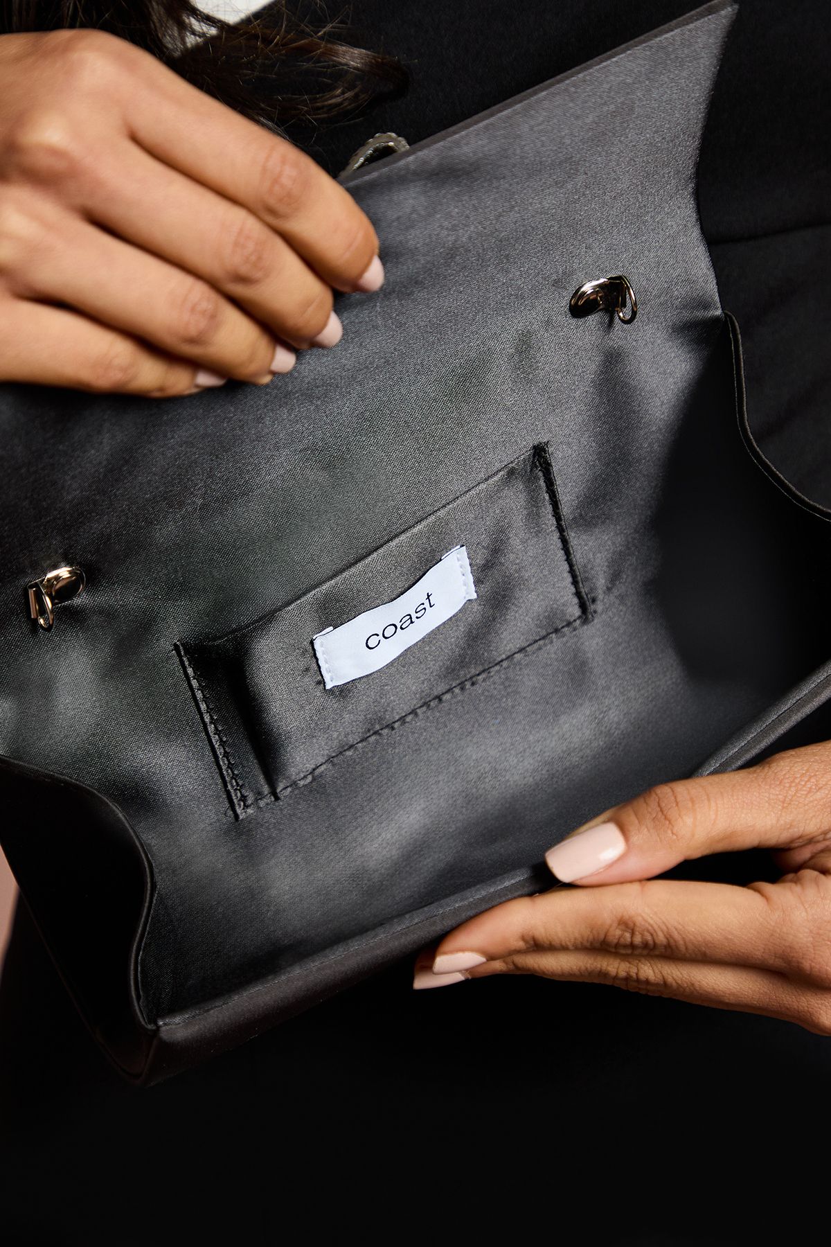 Coast Galaxy Satin Diamante Bow Brooch Clutch Bag Black image 3