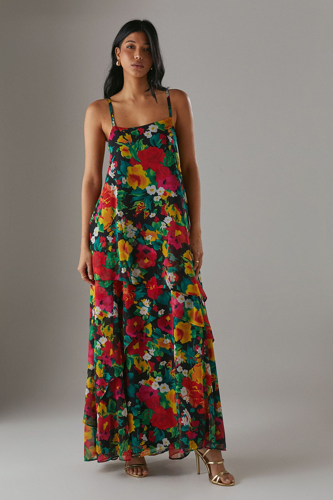 Warehouse Chiffon Strappy Asymmetric Maxi Dress Floral