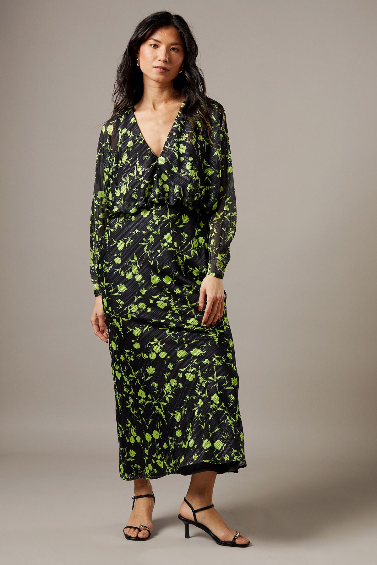 Warehouse Shadow Stripe Batwing Plunge Neck Midi Dress Floral image 1