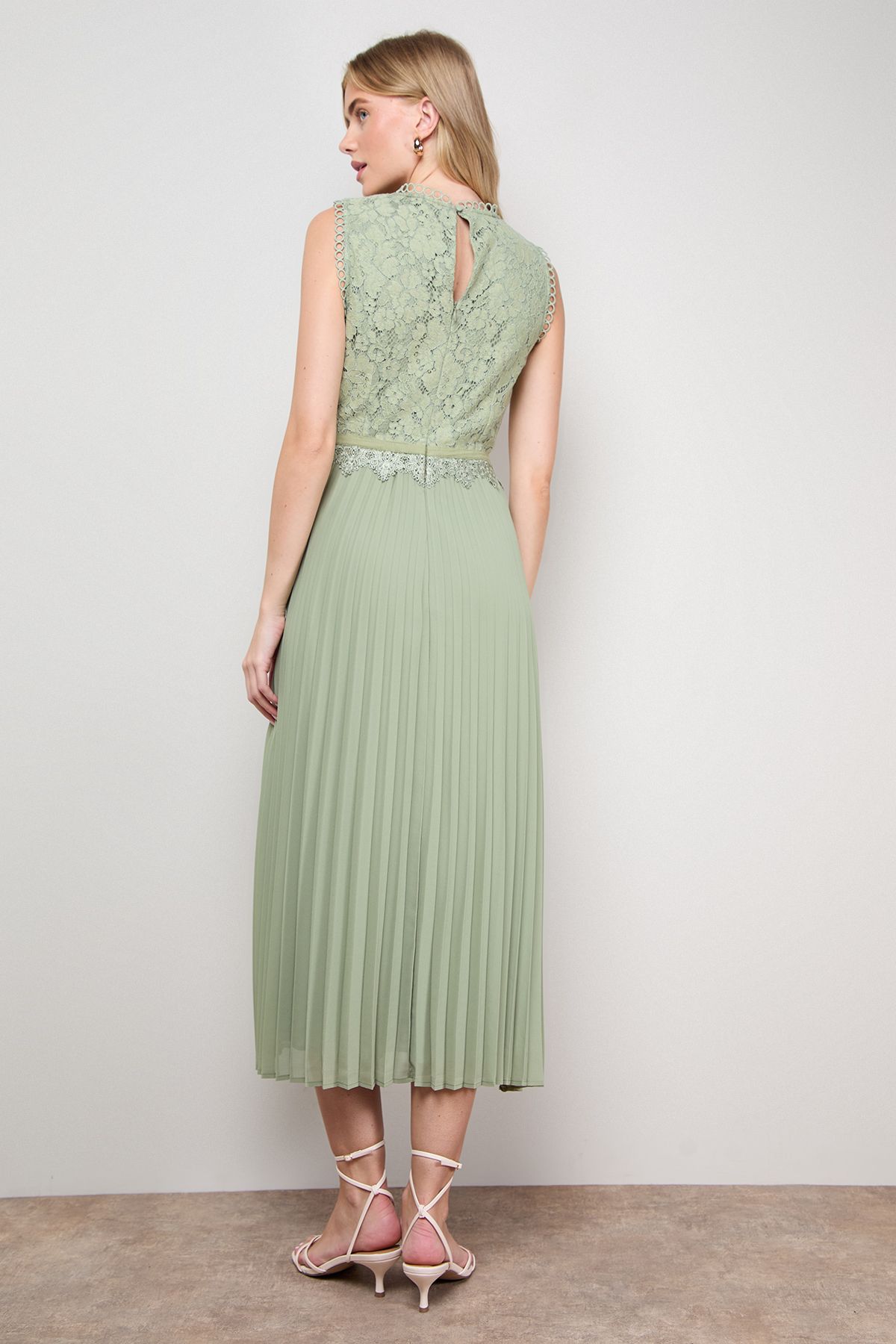 Oasis Lace Trim Detail Pleated Midi Dress Sage image 3