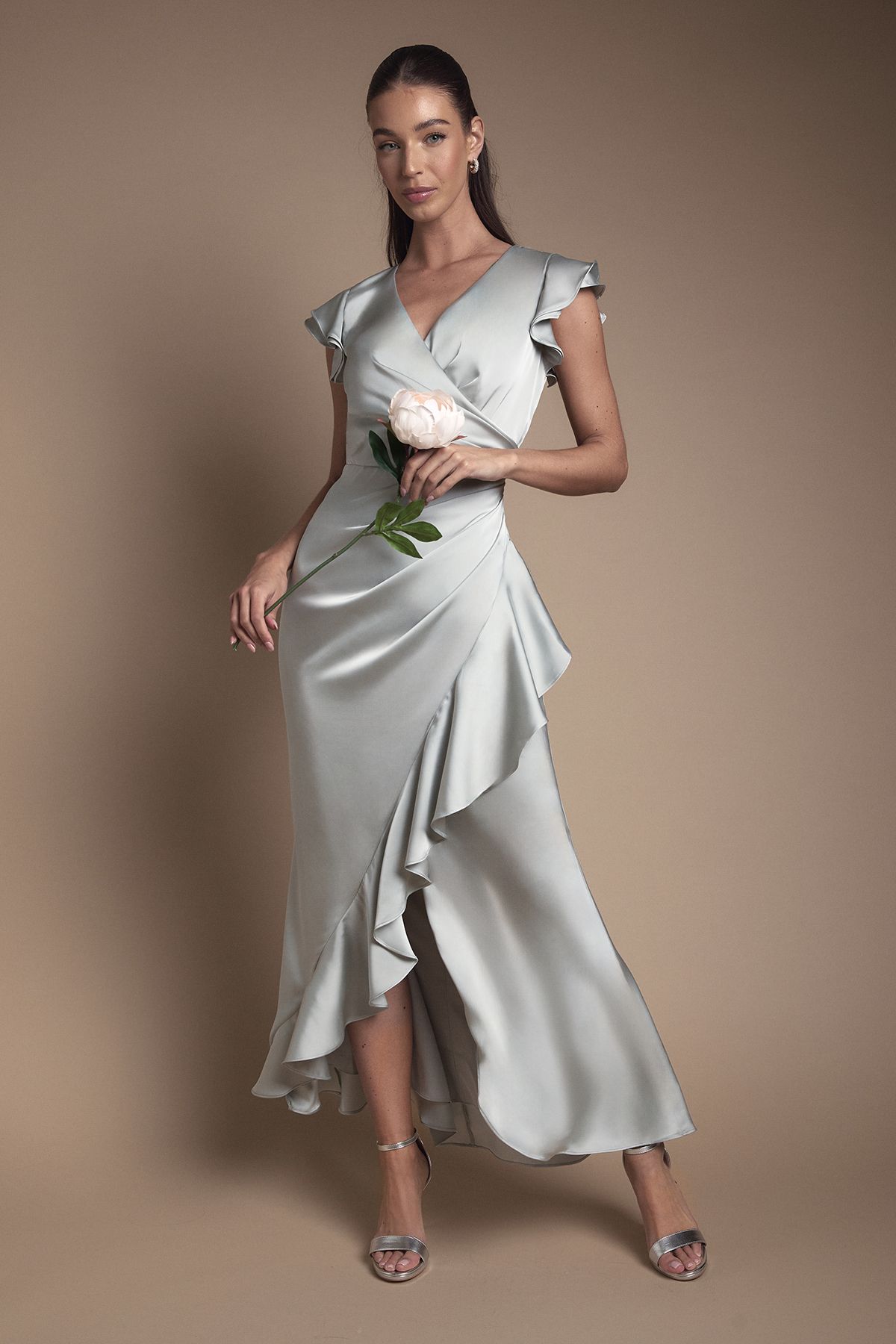 Coast Wrap Front Frill Hem Cap Sleeve Bridesmaid Dress Sage image 1