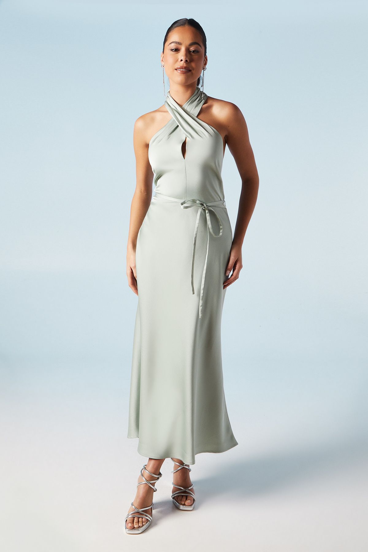 Oasis Cross Front Halterneck Bridesmaid Dress Sage image 1
