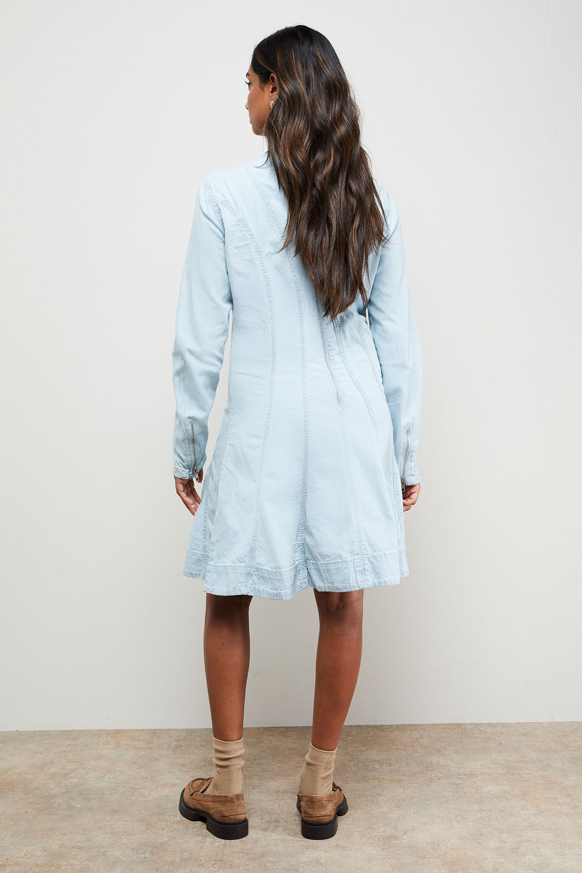 Oasis Denim Long Sleeved Skater Skirt Mini Dress Mid Wash image 3