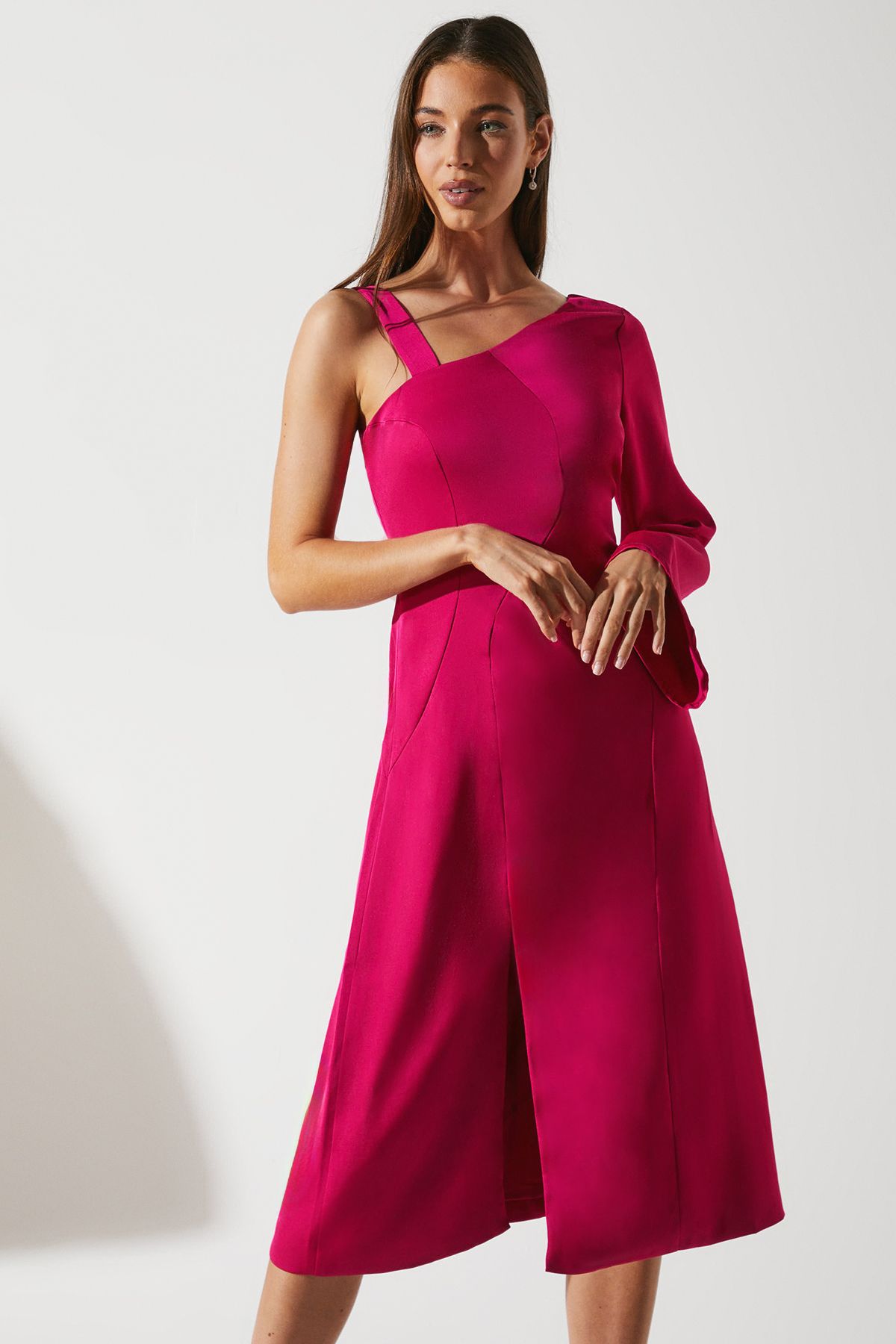 Coast One Shoulder Satin Midi Wedding Guest Dress Hot Pink image 2