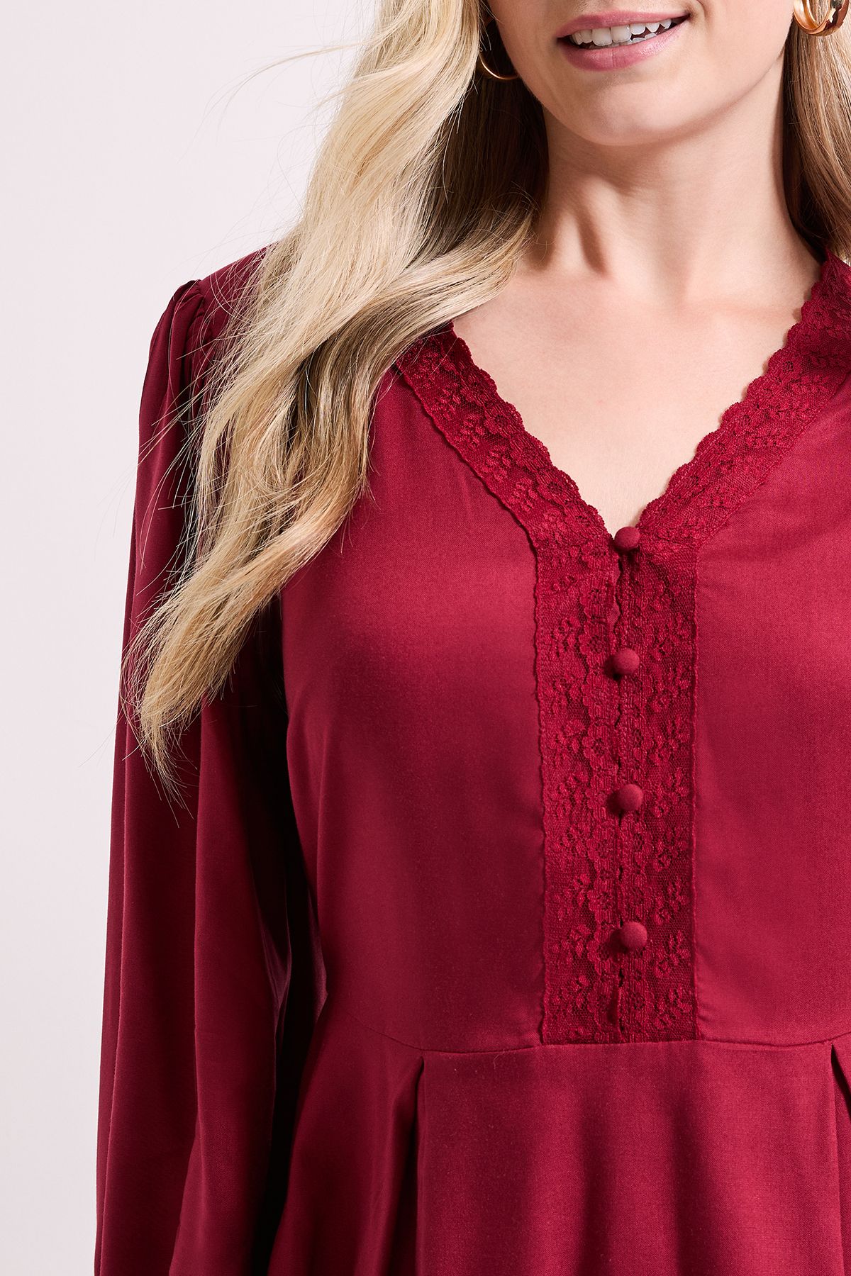 Dorothy Perkins Lace Trim Blouson Sleeve Peplum Top Burgundy image 5