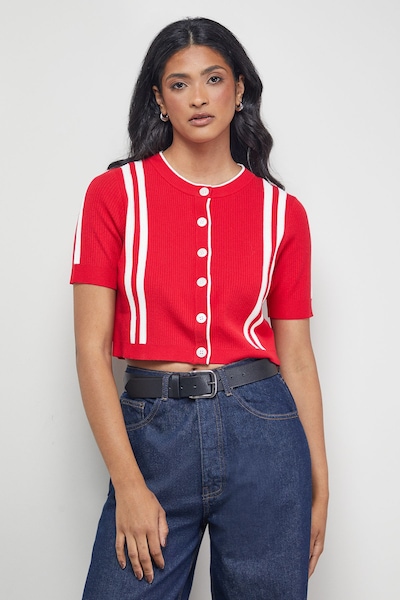 Warehouse Mini Stripe Button Through Cardigan Red