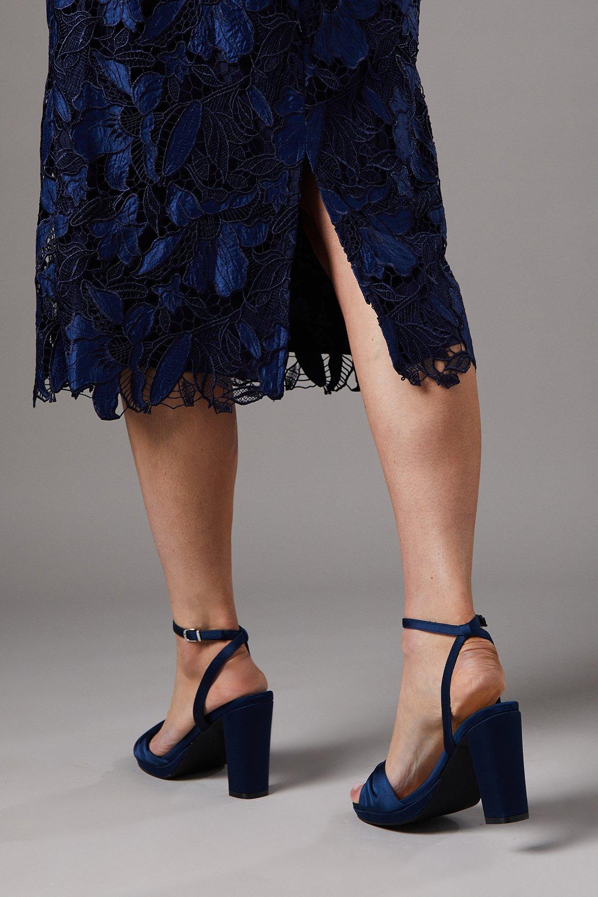 Navy Blue Midi Heels Coast Navy Clover Twist Front Satin Block