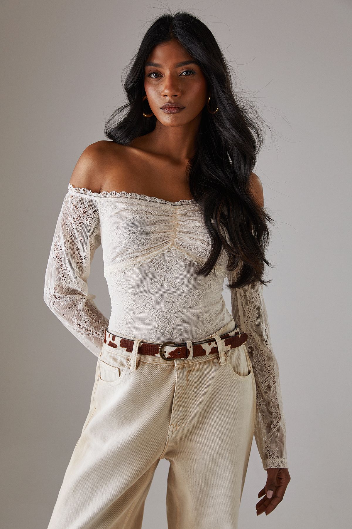 Warehouse Lace Bardot Bow Detail Bodysuit Cream image 1