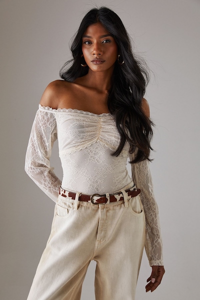 Warehouse Lace Bardot Bow Detail Bodysuit Cream