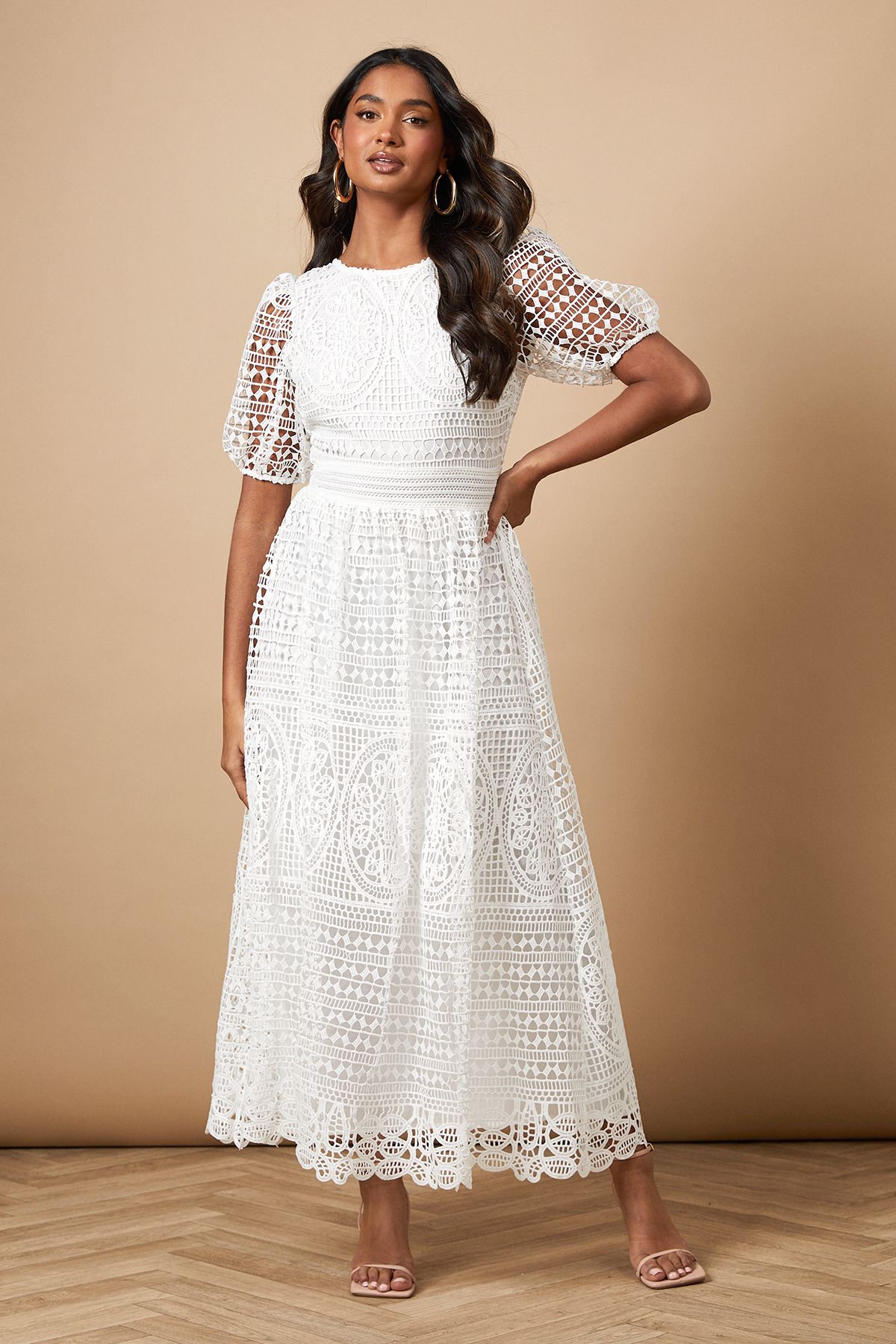 Oasis Lace Puff Sleeve Midaxi Dress White