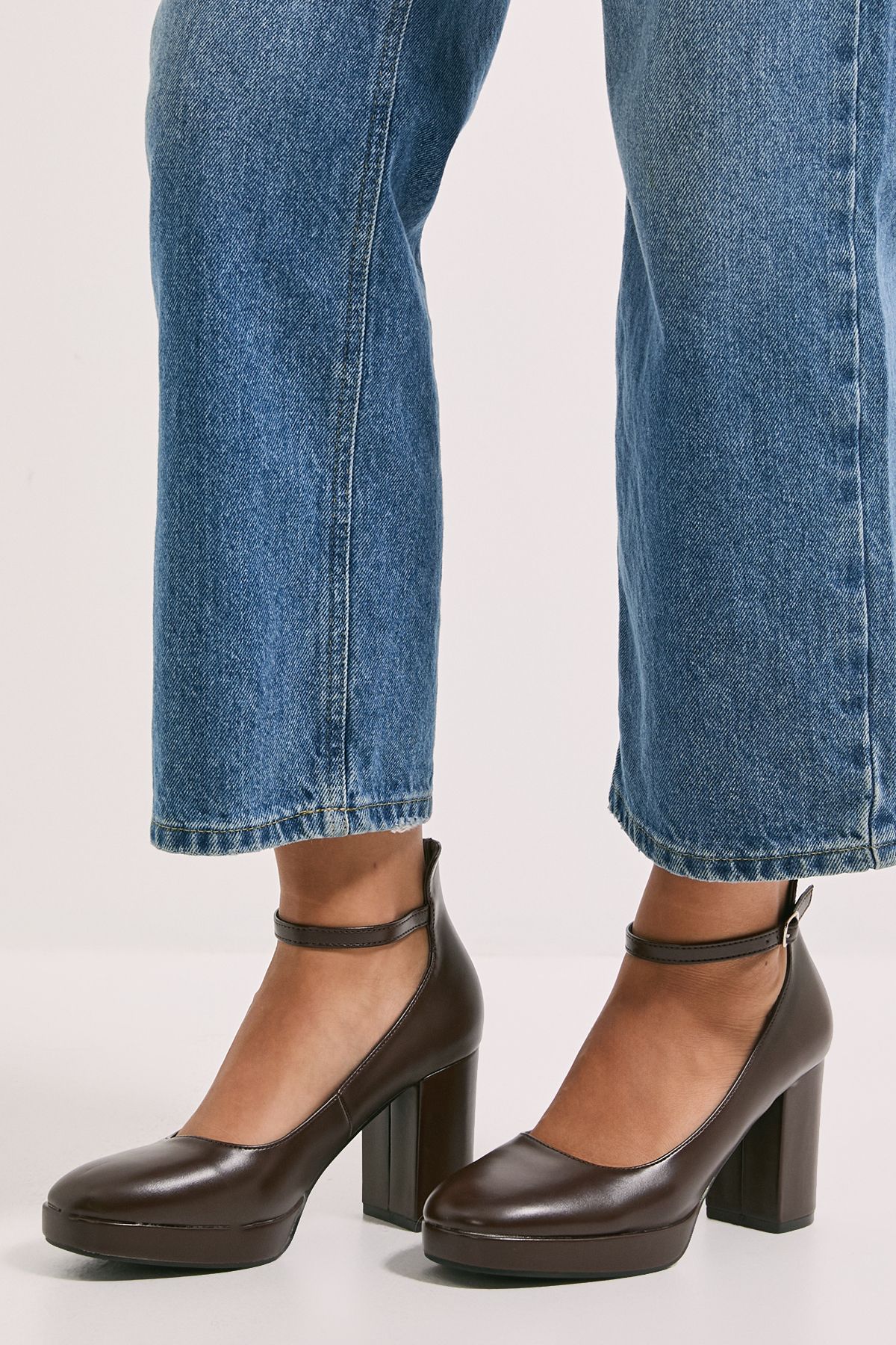 Dorothy Perkins Vanessa Faux Leather Platform Ankle Strap High Block Heel Court Shoes Chocolate image 4