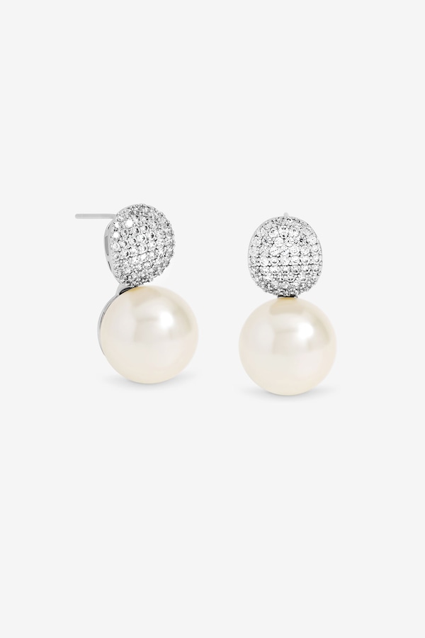 Jon Richard Rhodium Plated Pave and Pearl Drop Earrings