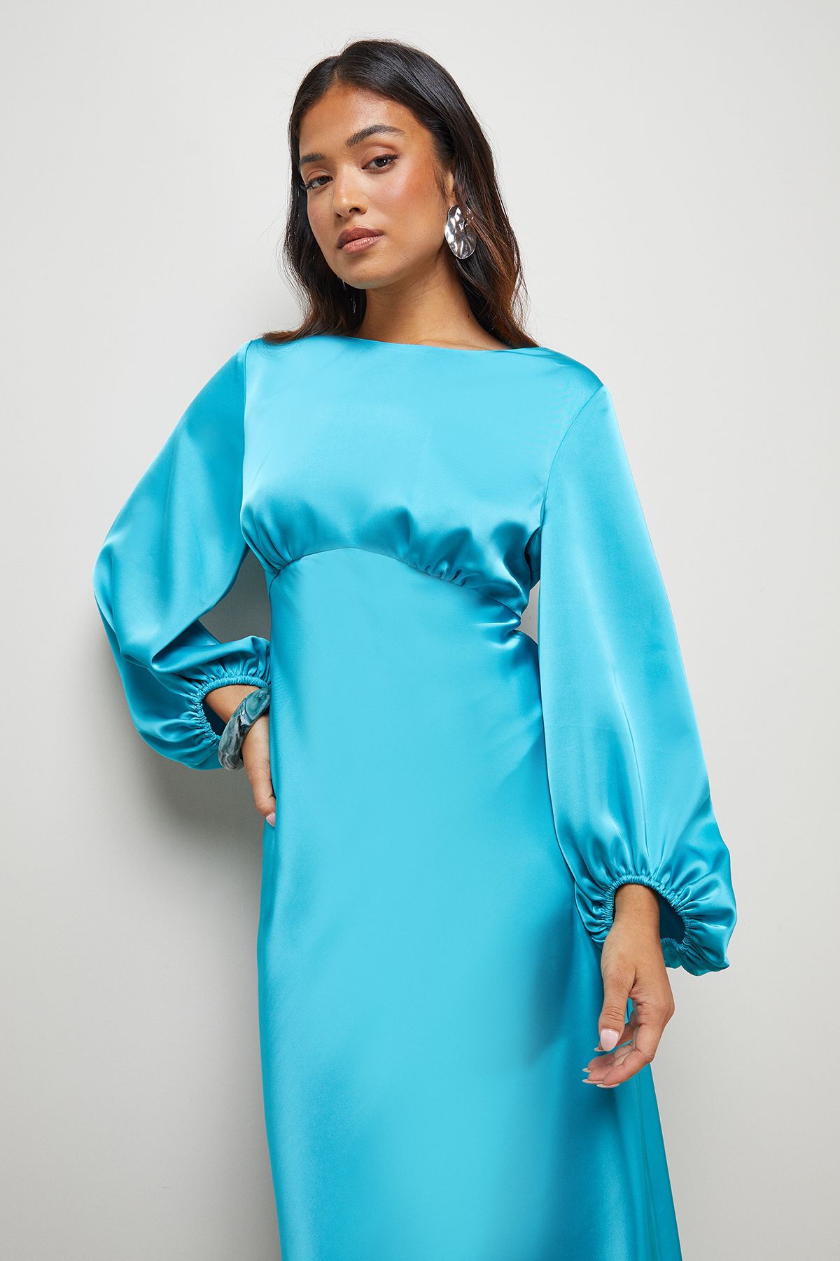 Oasis Petite Satin Boho Sleeve Crew Neck Bias Midi Dress Aqua image 2
