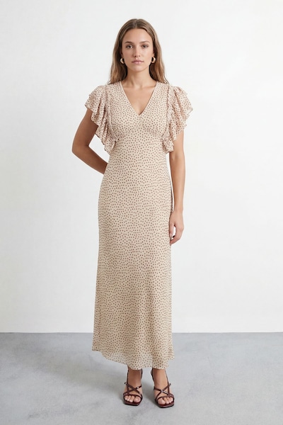 Warehouse Petite Spot Print Ruffled Sleeve V Neck Maxi Dress Ivory
