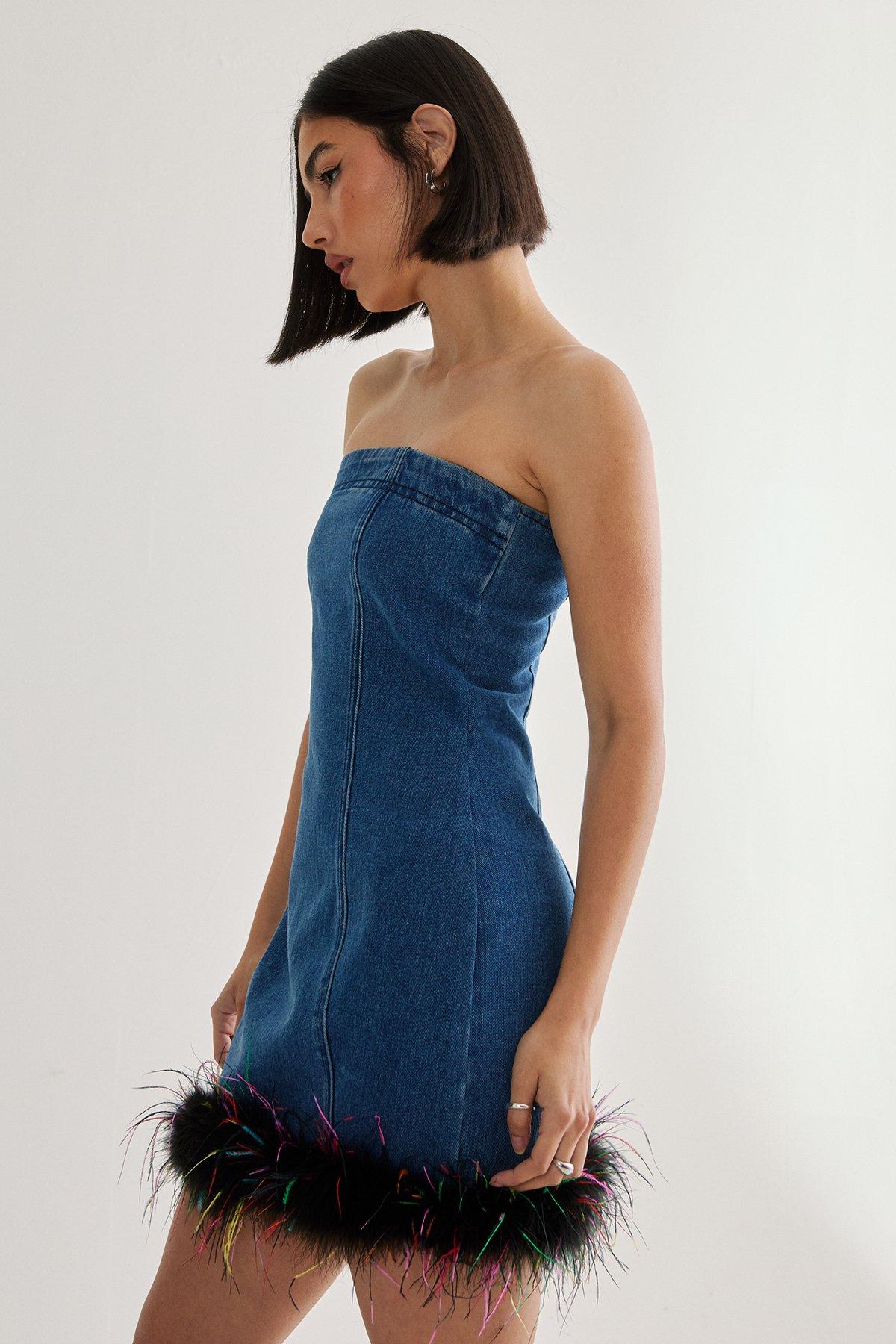 NastyGal Feather Hem Bandeau Dress Authentic Denim image 3