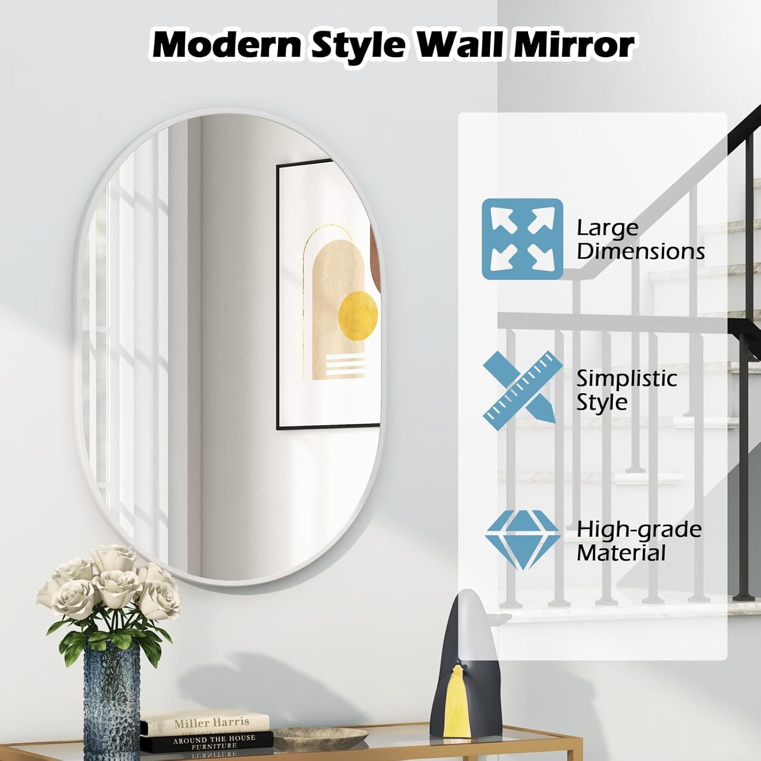 Gymax Oval Bathroom Mirror 70 CM x 50 CM Wall Vanity Mirror With Frame Black image 5