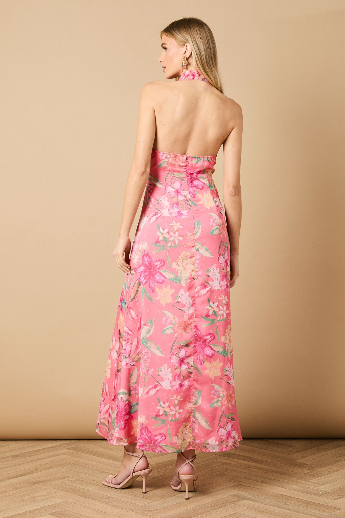 Oasis Printed Mesh Dobby Halterneck Dress Pink image 5