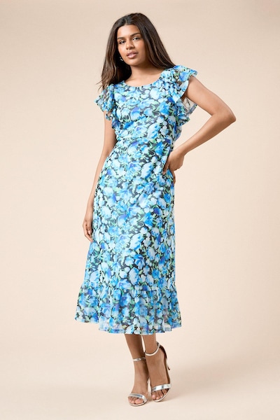 Dorothy Perkins Petite Black Floral Frill Sleeve Belt Detail Mesh Jersey Midi Dress Black