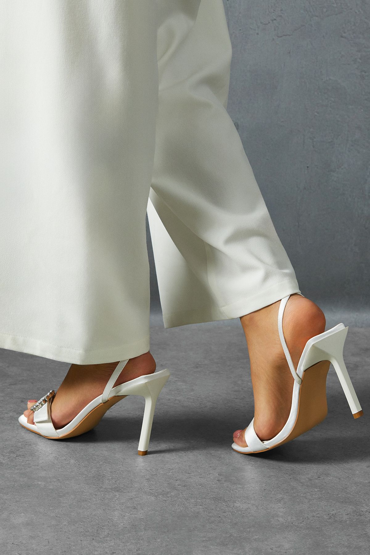 MissPap Satin Diamante Buckle Square Toe Heels Ivory image 3