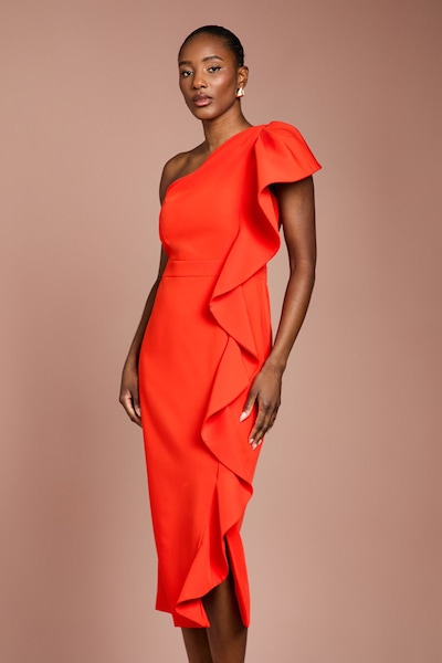 Coast One Shoulder Ruffle Crepe Pencil Midi Dress Flame Red