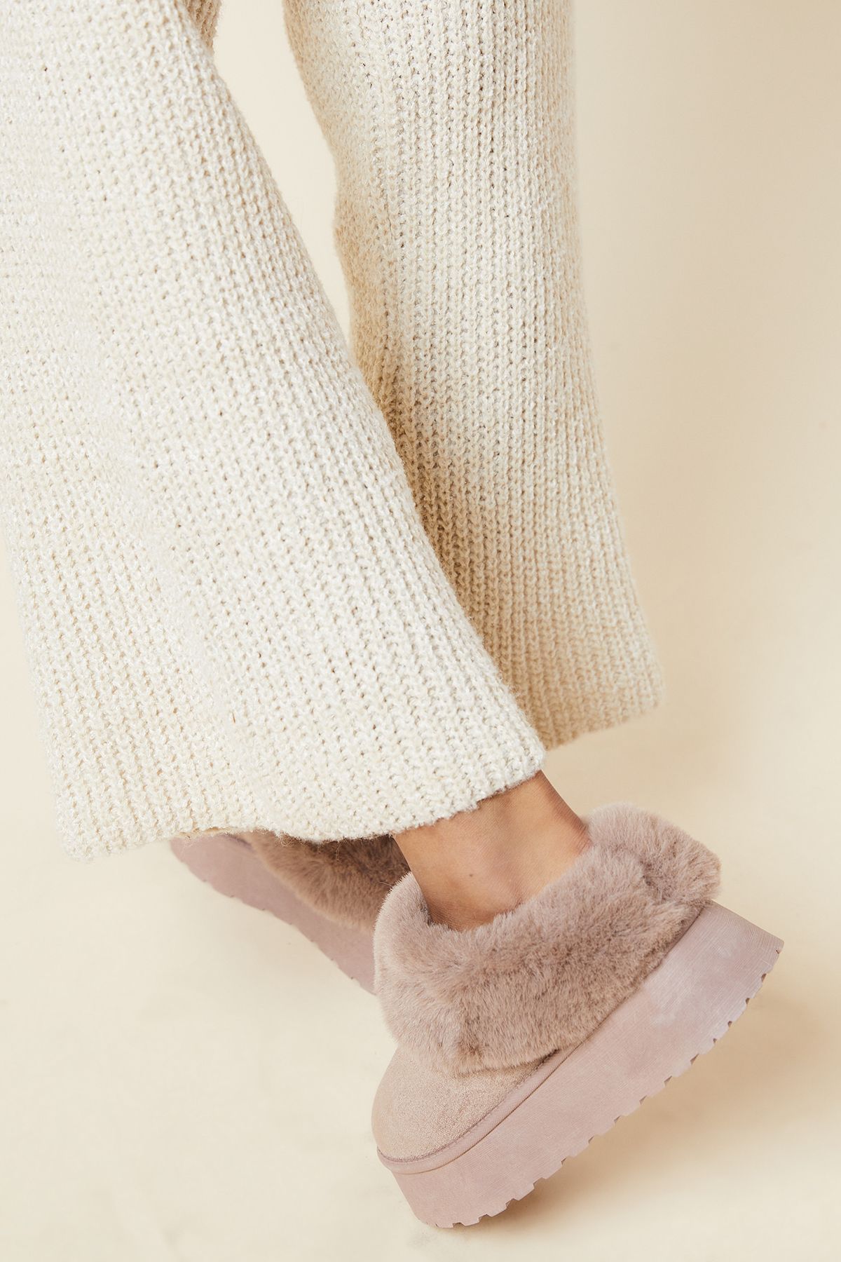 Dorothy Perkins Honora Suedette Faux Fur Lined Mule Slippers Taupe image 4