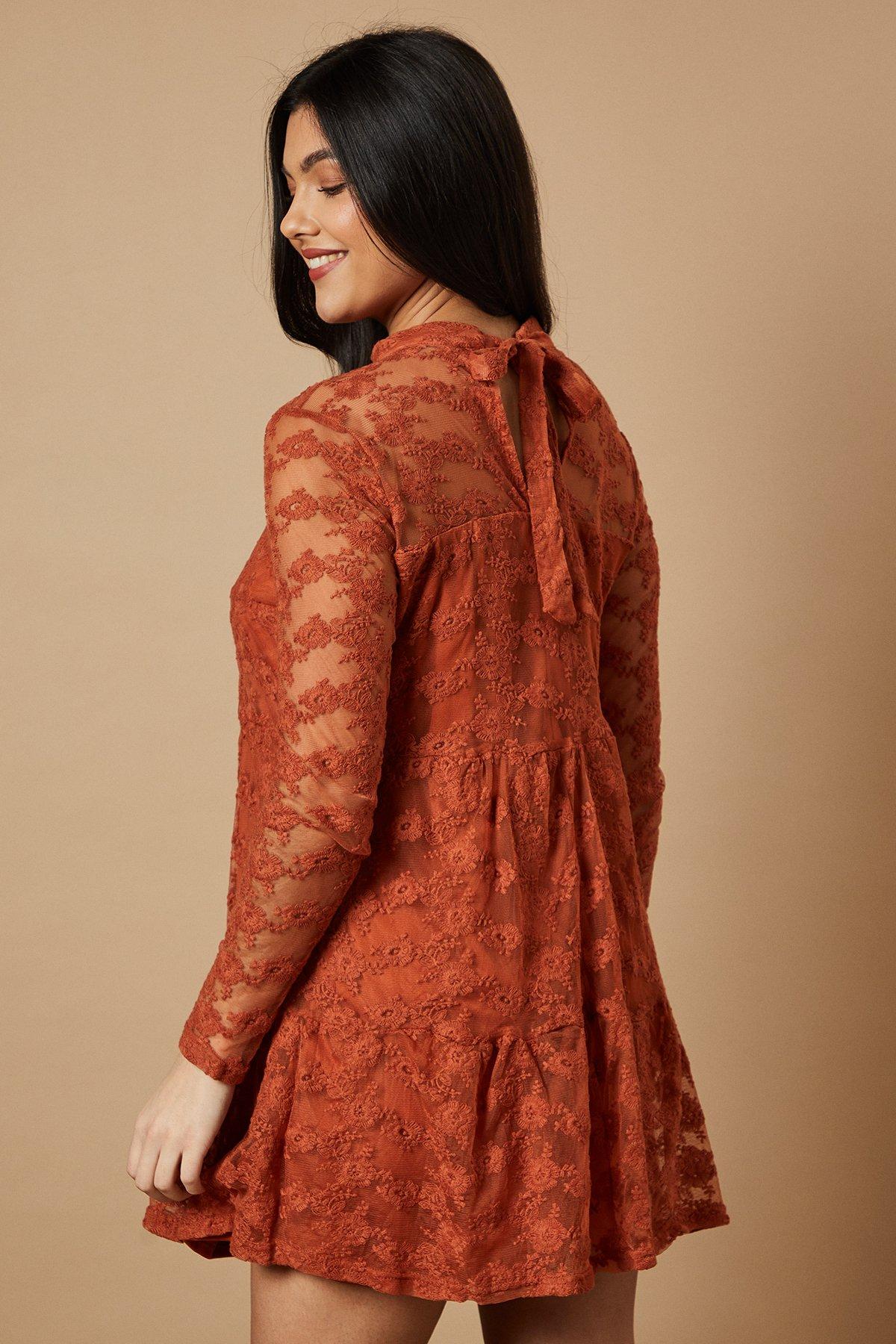 Warehouse Embroidered Mesh High Neck Tier Smock Mini Dress Rust image 3