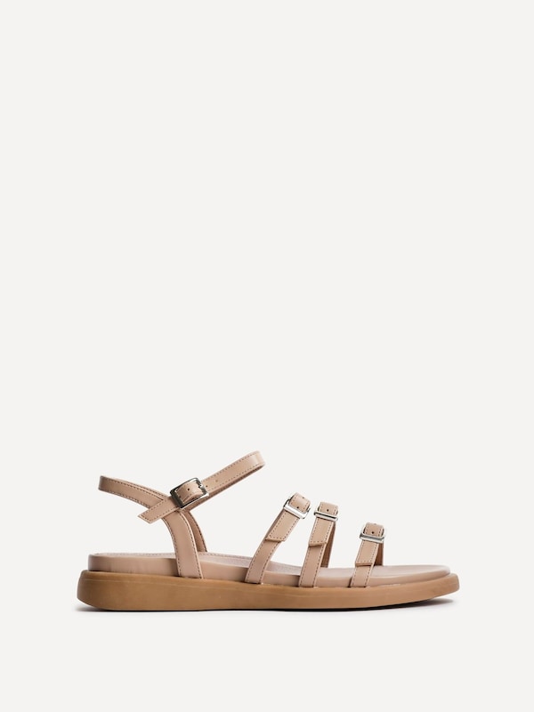 Linzi Twilight Nude Faux Leather Triple Buckle Footbed Sandals