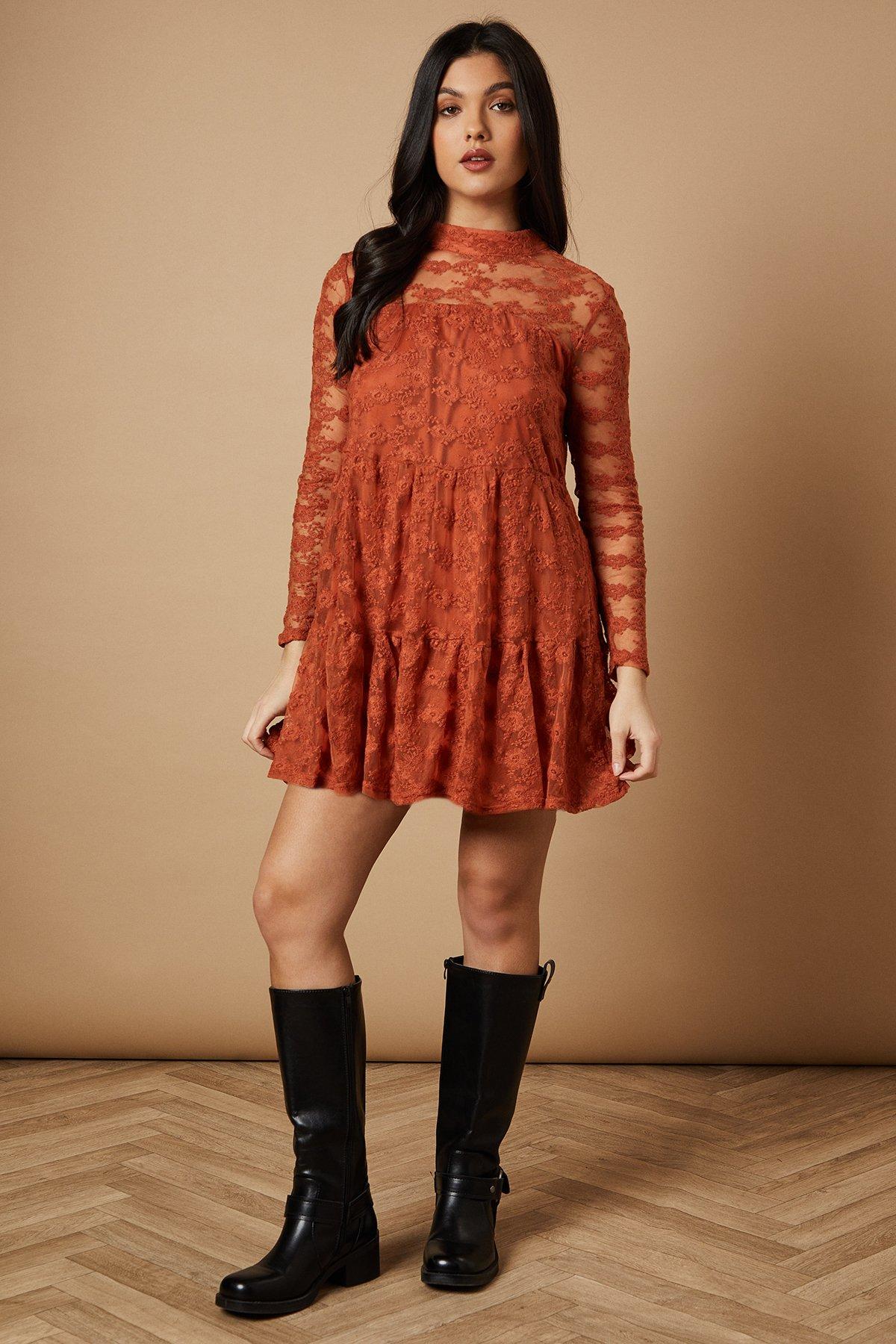 Warehouse Embroidered Mesh High Neck Tier Smock Mini Dress Rust image 4