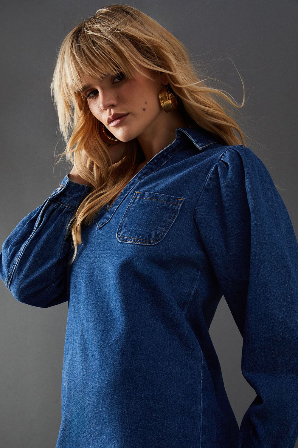 Warehouse Denim Overhead Shirt Dress Mid Wash image 4