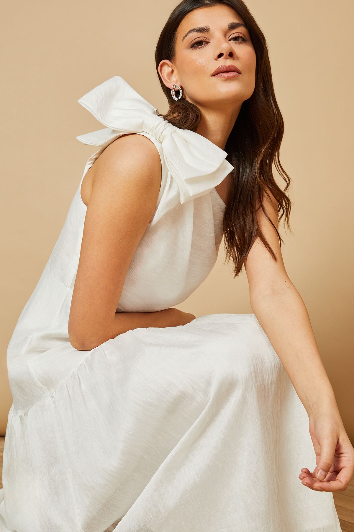 Oasis Bow Shoulder Detail Midi Dress White image 2