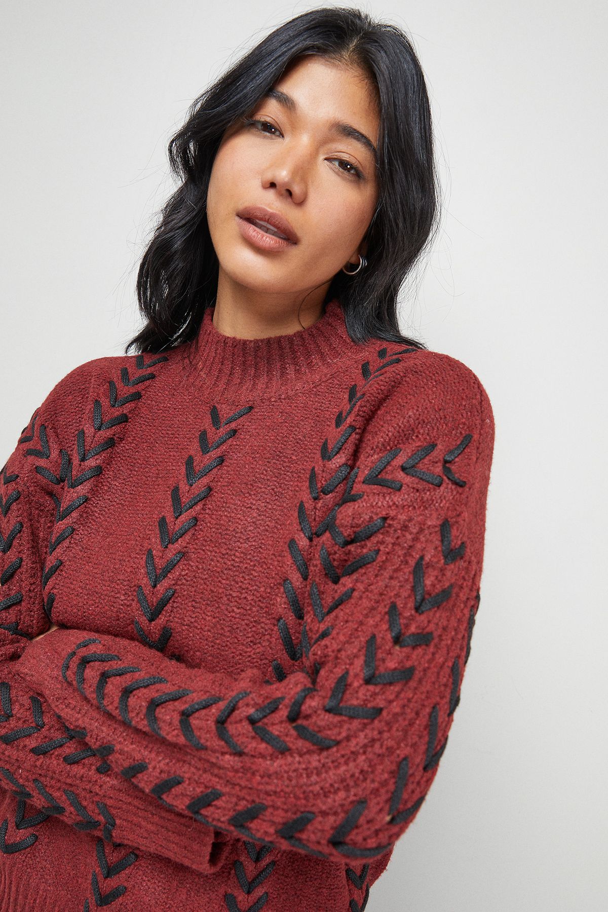 Warehouse Whipstitch Detail Oversized Jumper Dark Red image 4