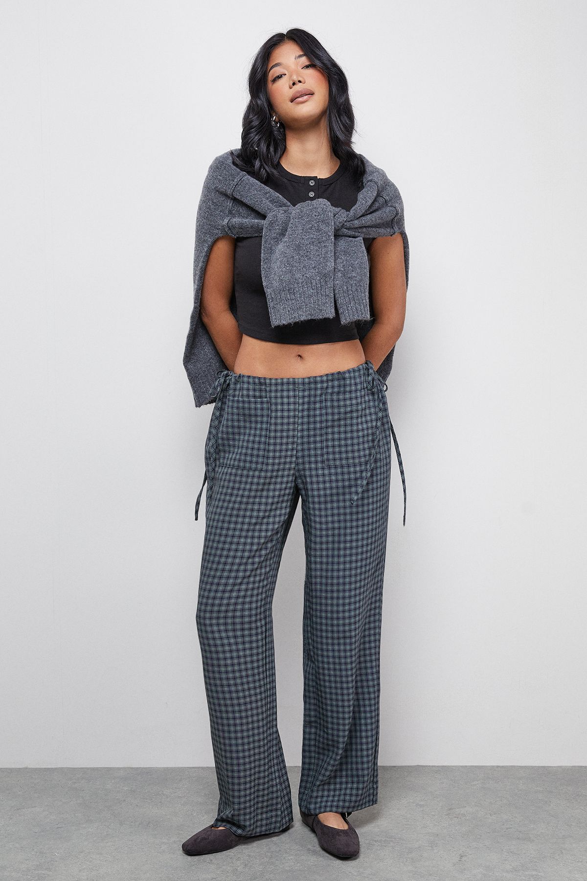 Warehouse Green Check Mid Rise Tie Side Pocket Trouser Green image 2