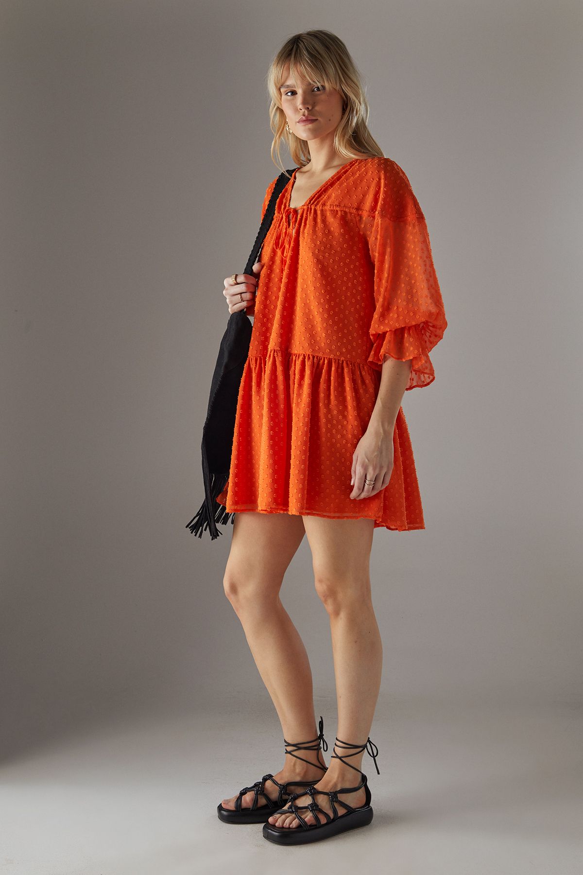 Warehouse Dobby Chiffon Volume Sleeve Smock Mini Dress Orange image 2