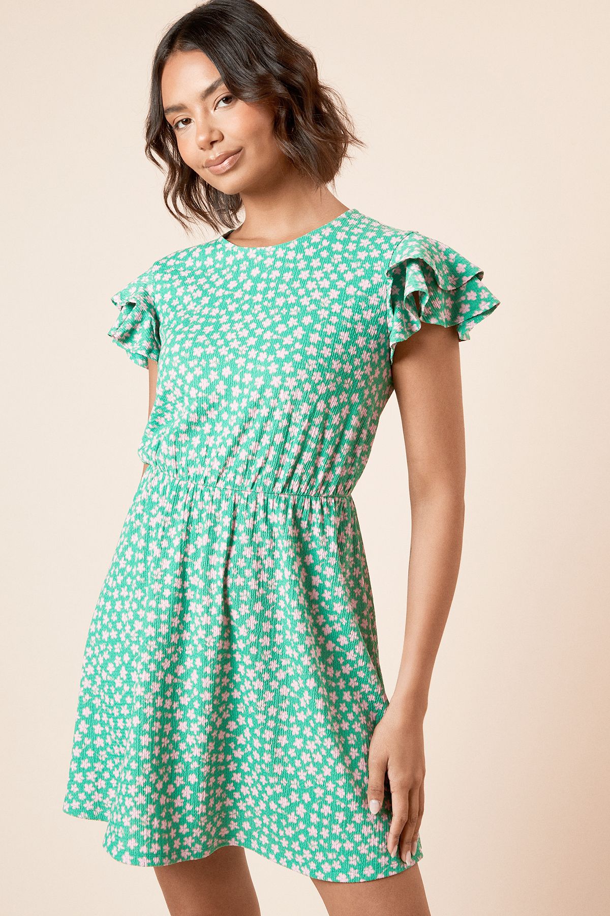 Dorothy Perkins Green Ditsy Double Angel Sleeve Jersey Mini Dress Green image 2