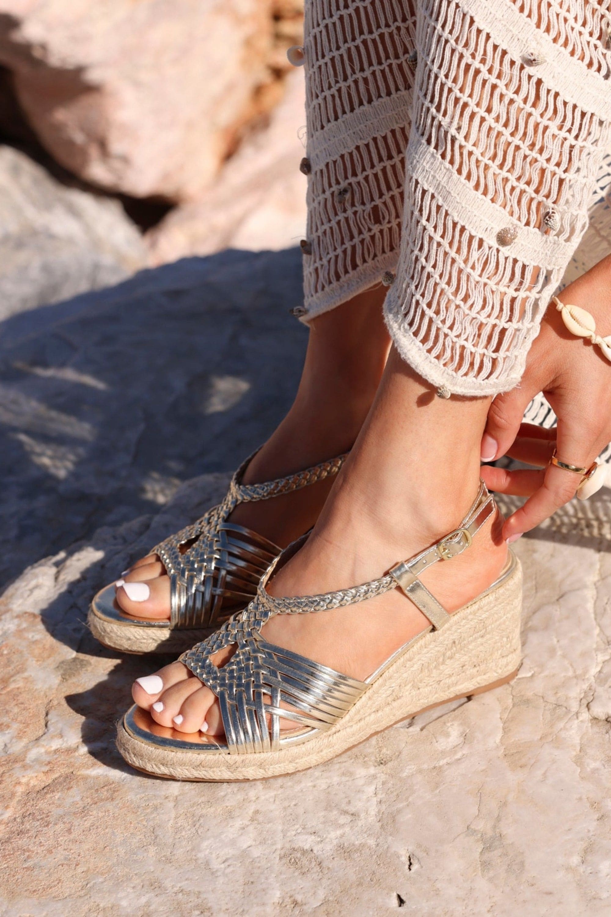 Linzi Evolve Gold Faux Leather Woven Espadrille Wedge image 2