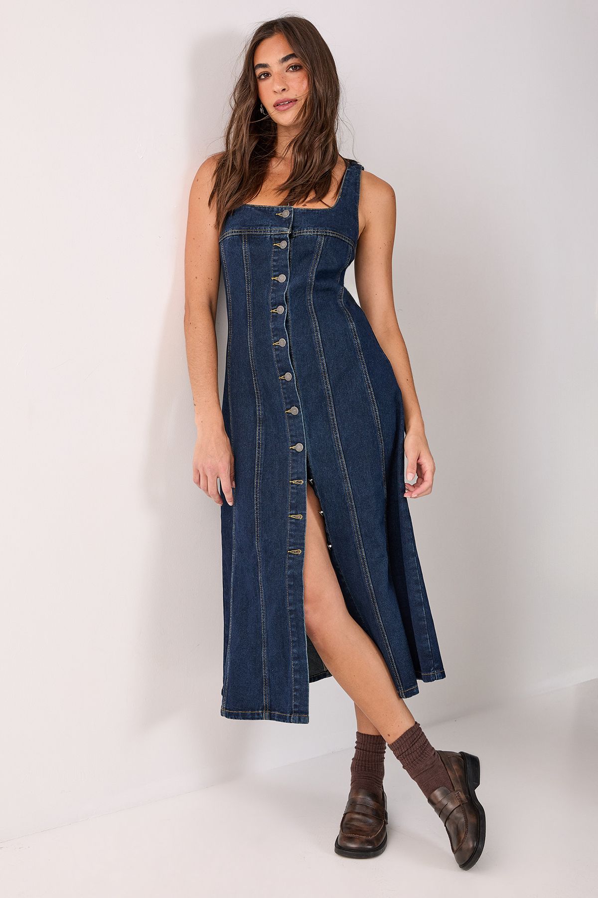 NastyGal Denim Button Through Midi Dress Indigo image 1