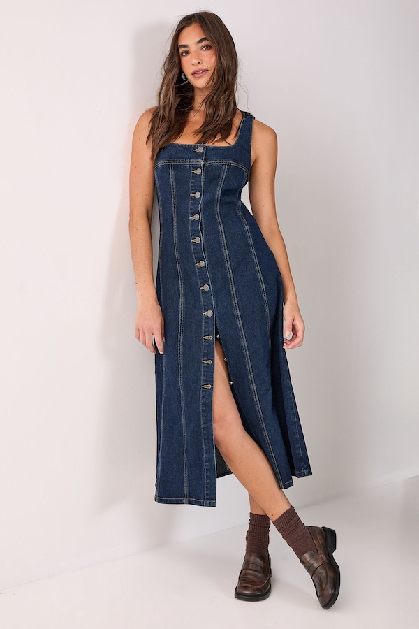 NastyGal Denim Button Through Midi Dress Indigo