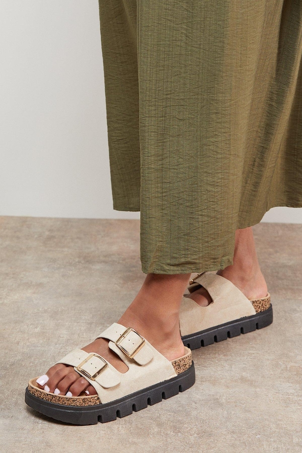 Oasis Phoebe Faux Leather Double Buckle Chunky Footbed Sandals Beige