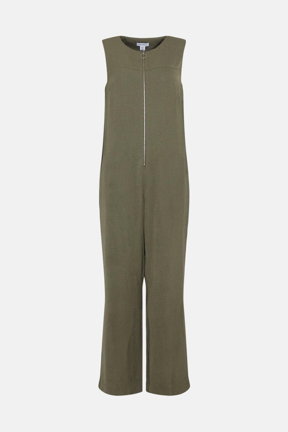 Warehouse Topstitch Zip Jumpsuit Khaki image 4