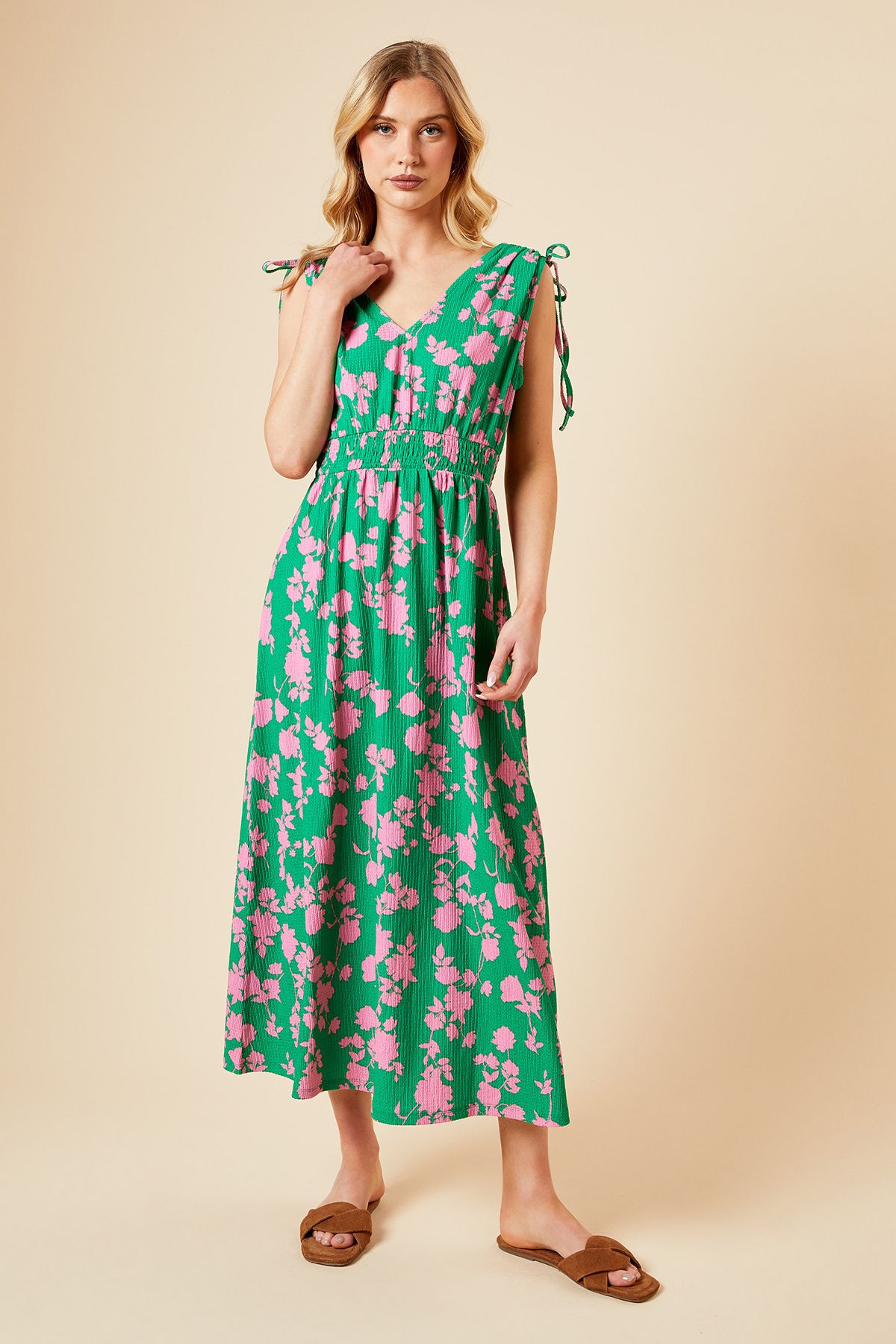 Dorothy Perkins Green Floral Tie Shoulder Shirred Waist Jersey Midi Dress Green image 1