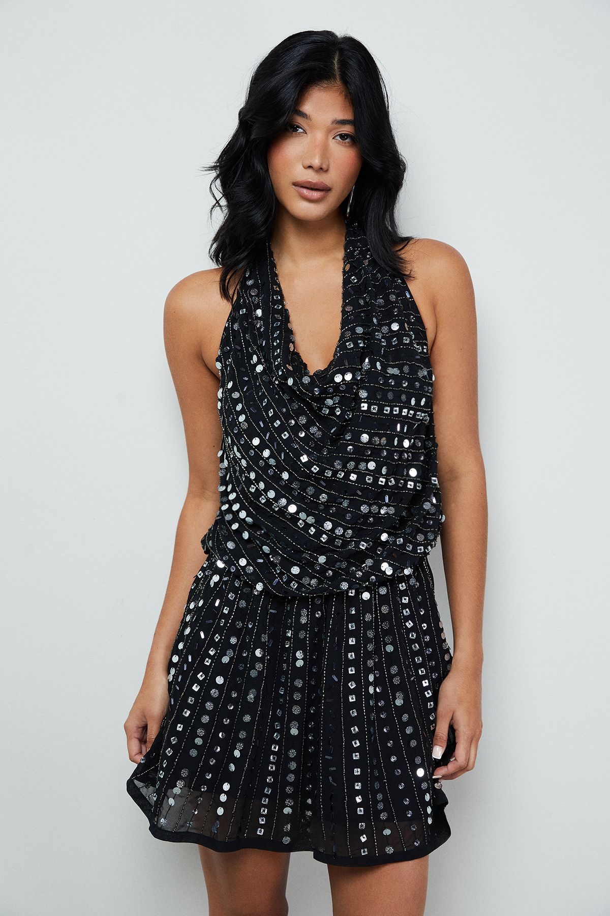 Warehouse Premium Hand Embellished Sequin Cowl Front Flippy Mini Dress Black image 1