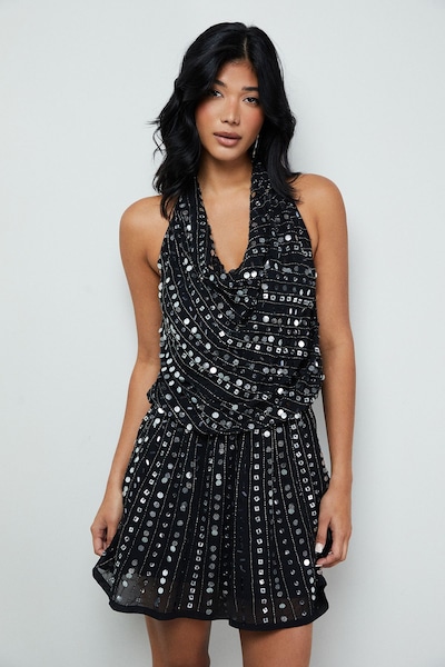 Warehouse Premium Hand Embellished Sequin Cowl Front Flippy Mini Dress Black