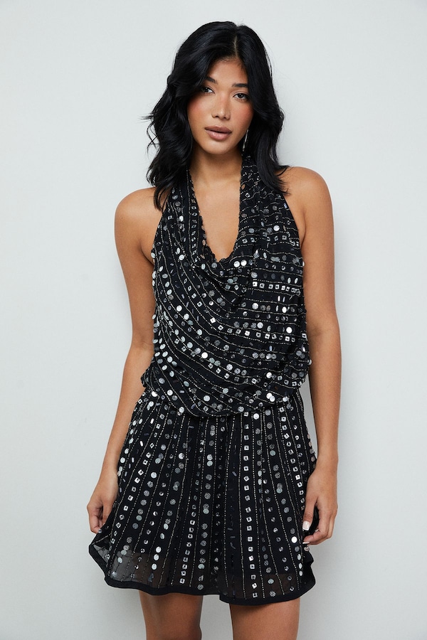Warehouse Premium Hand Embellished Sequin Cowl Front Flippy Mini Dress Black