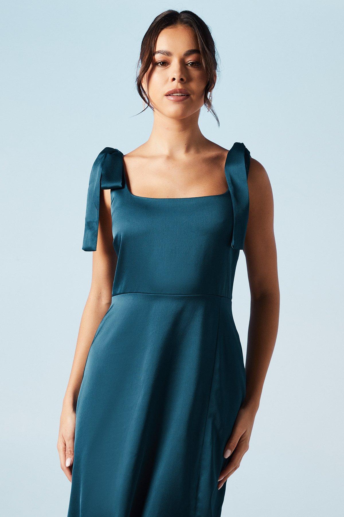 Oasis Satin Tie Shoulder Midi Bridesmaids Dress Navy image 4