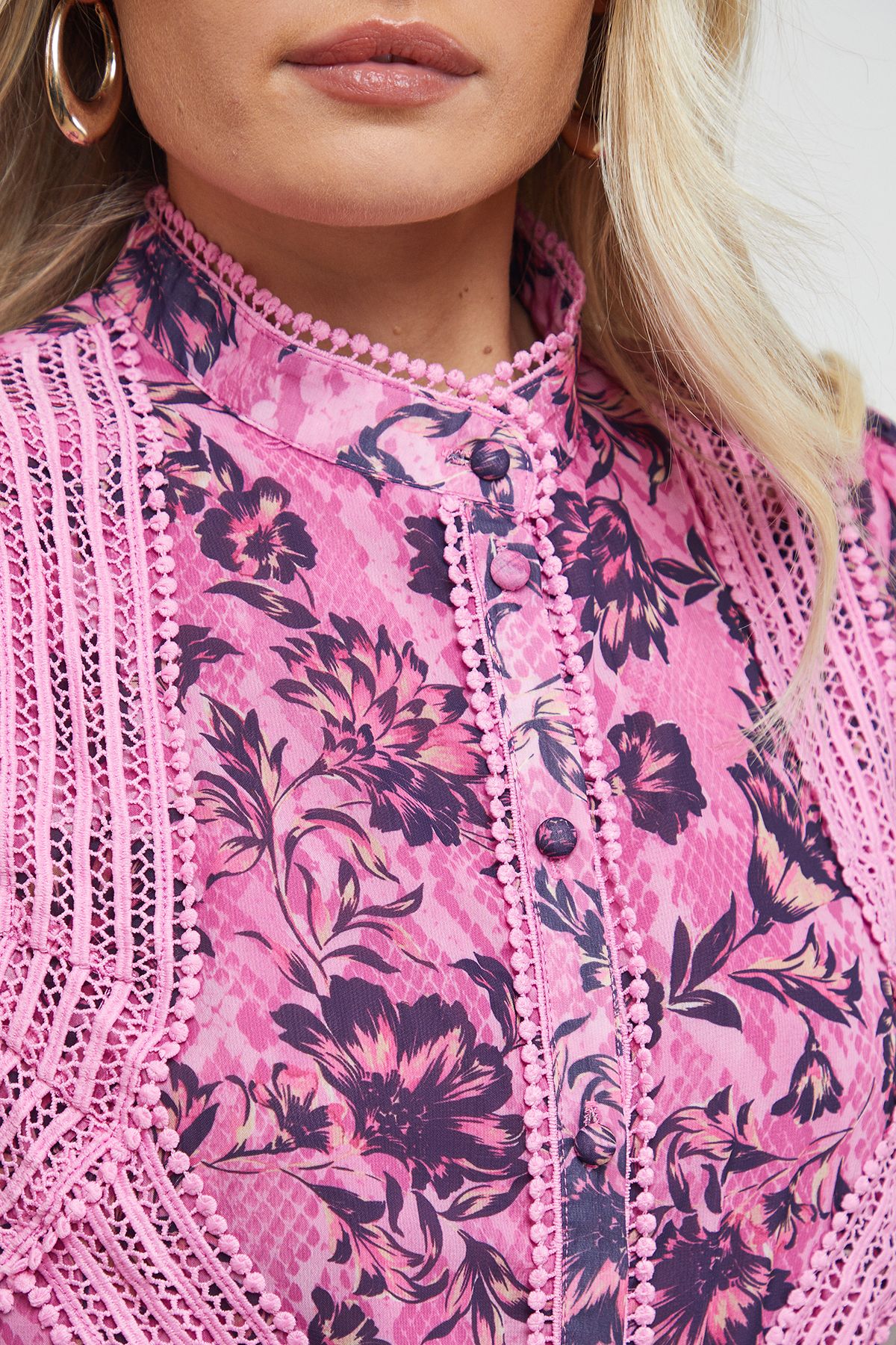 Oasis Printed Lace Detail Button Down Collarless Mini Dress Floral image 5