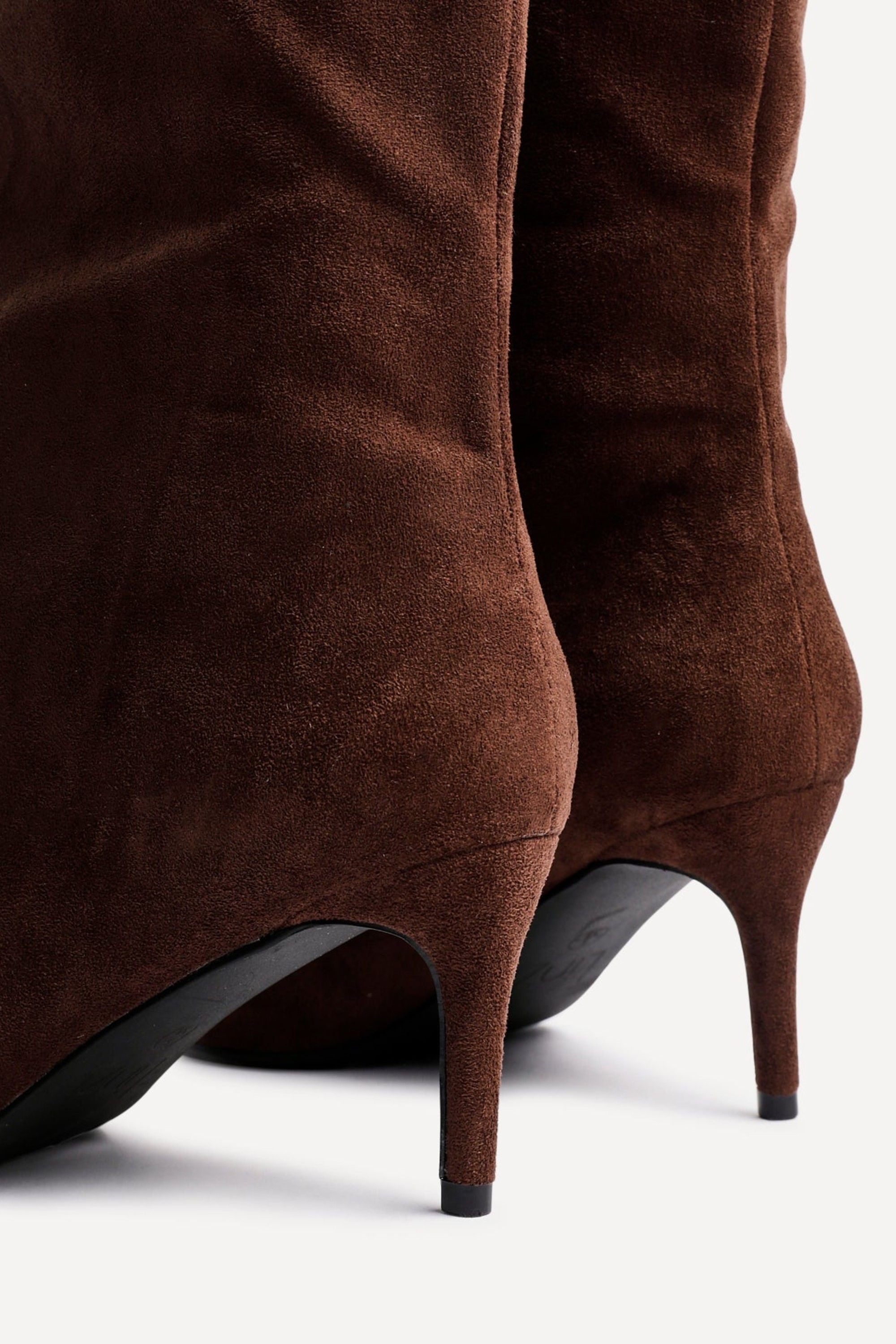 Linzi Onyx Brown Faux Suede Pointed Toe High Leg Heeled Boots image 5