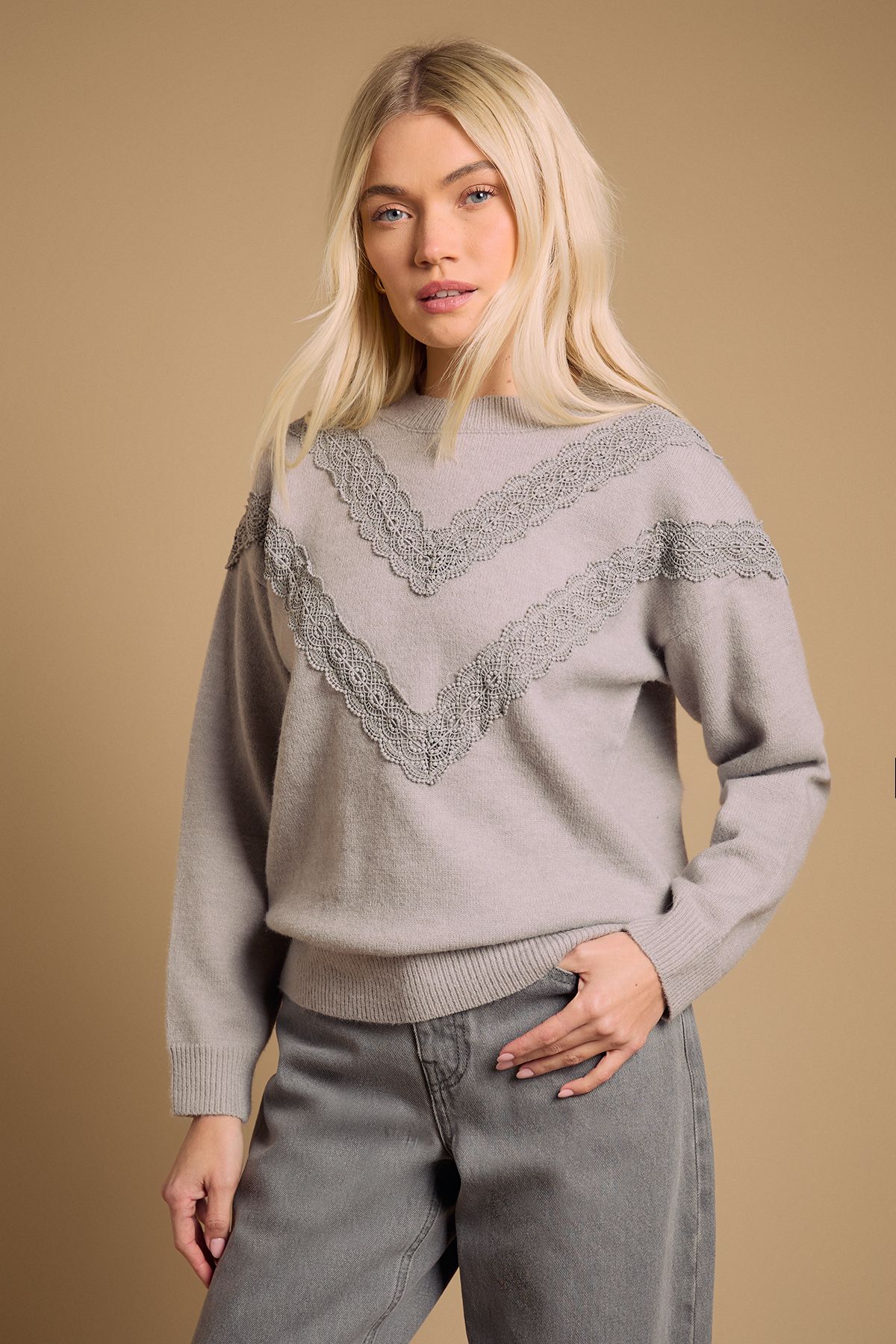 Oasis Lace Trim Crew Neck Jumper Grey Marl