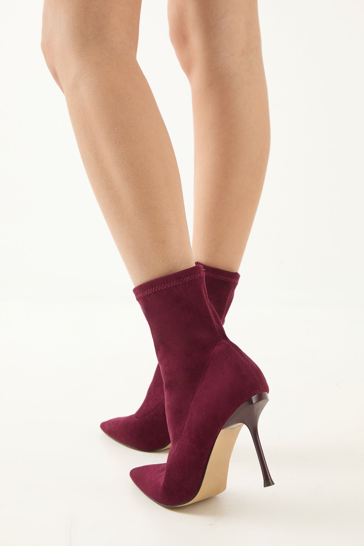 MissPap Faux Suede Pointed High Stiletto Heel Sock Ankle Boot Burgundy image 3