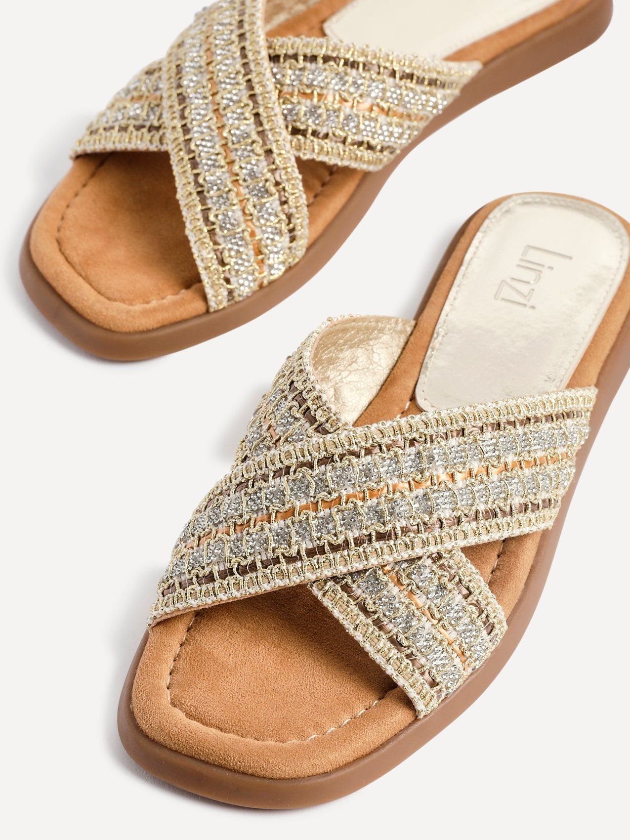 Linzi Genie Gold Embellished Raffia Flat Slider Sandal image 4