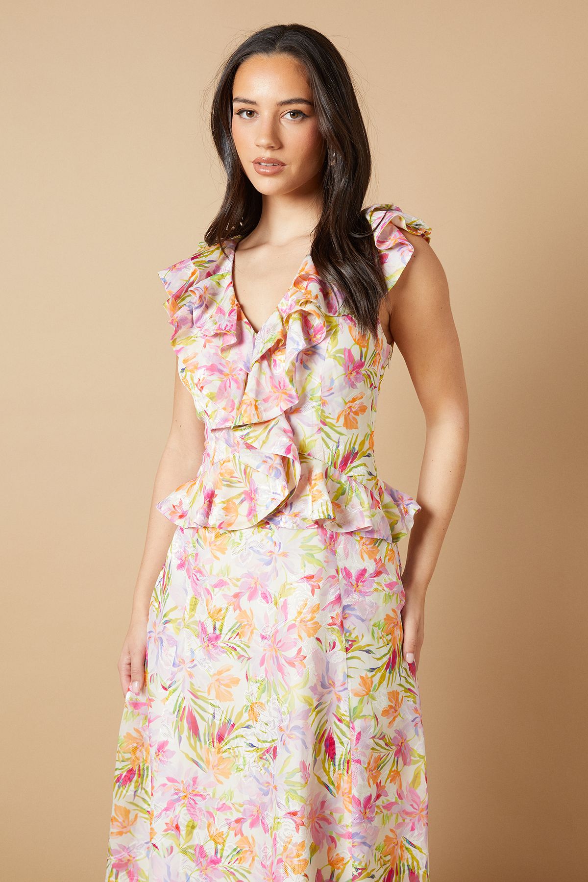 Oasis Floral Ruffle Detail V Neck Midi Dress Green image 2
